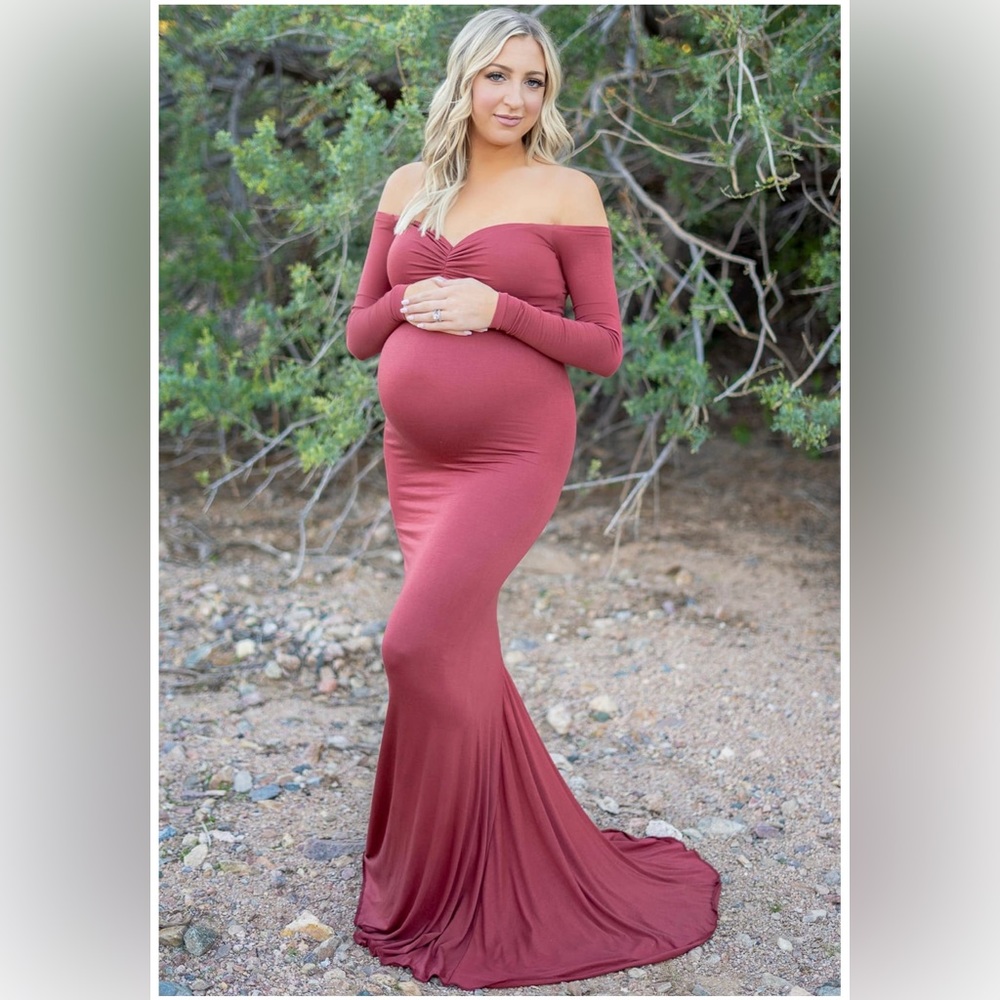 Long-Sleeve Baby Shower Maternity Gown with Mini Train, Color Brick